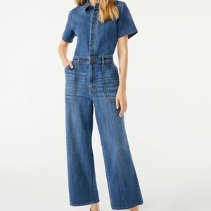 Scoop Denim Button Up Crop Wide Leg Utility Jumpsuit